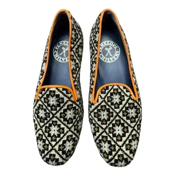 Penelope Chilvers Dandy Leather Trim Needlepoint Slipper Loafers Size 36 - Picture 1 of 15